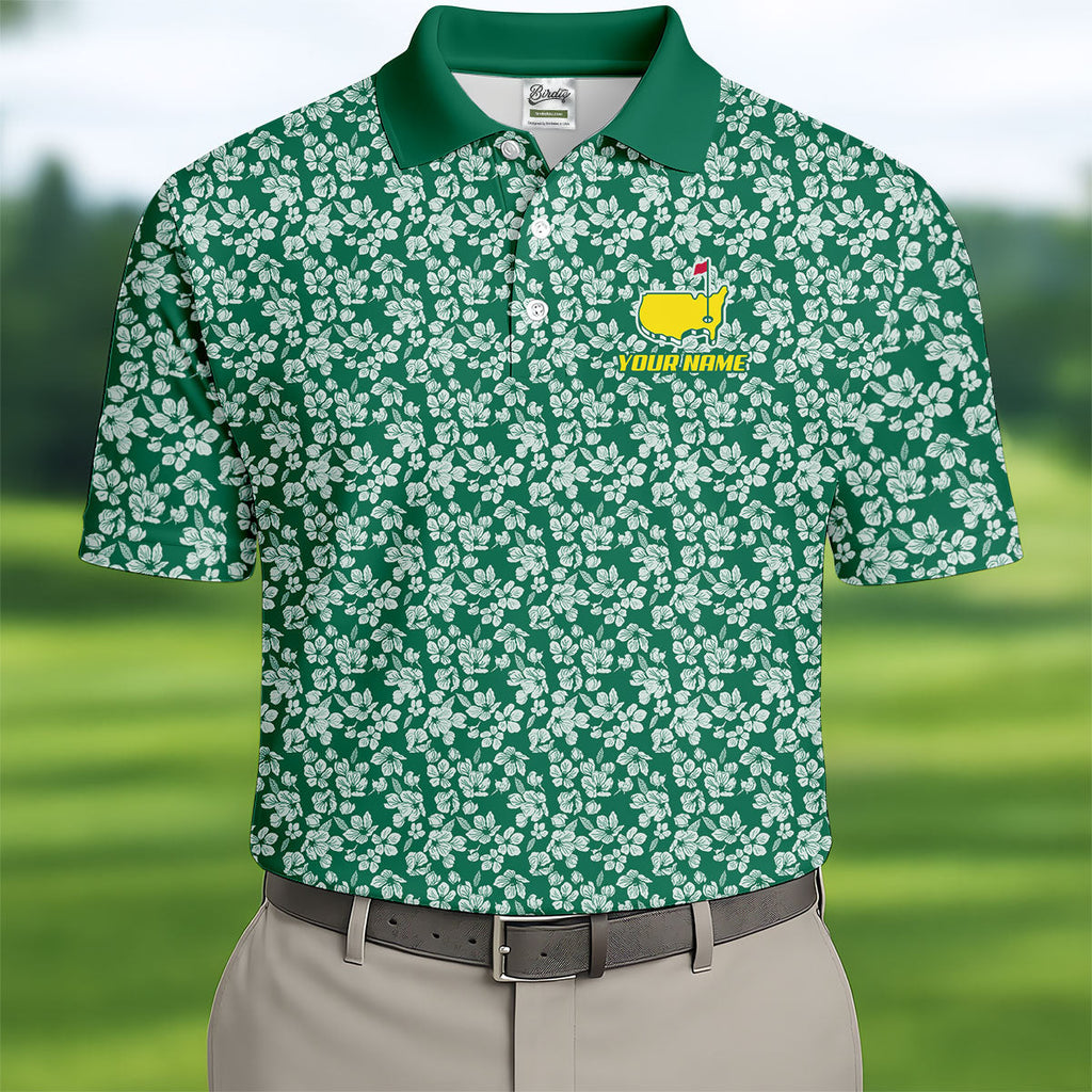 Floral Silhouette Green And White Golf Tops For Men, Golf Shirts For Men, Polo Shirts For Men