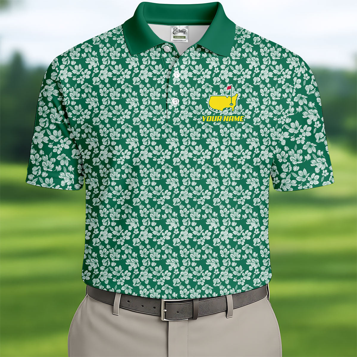 Floral Silhouette Green And White Golf Tops For Men, Golf Shirts For Men, Polo Shirts For Men
