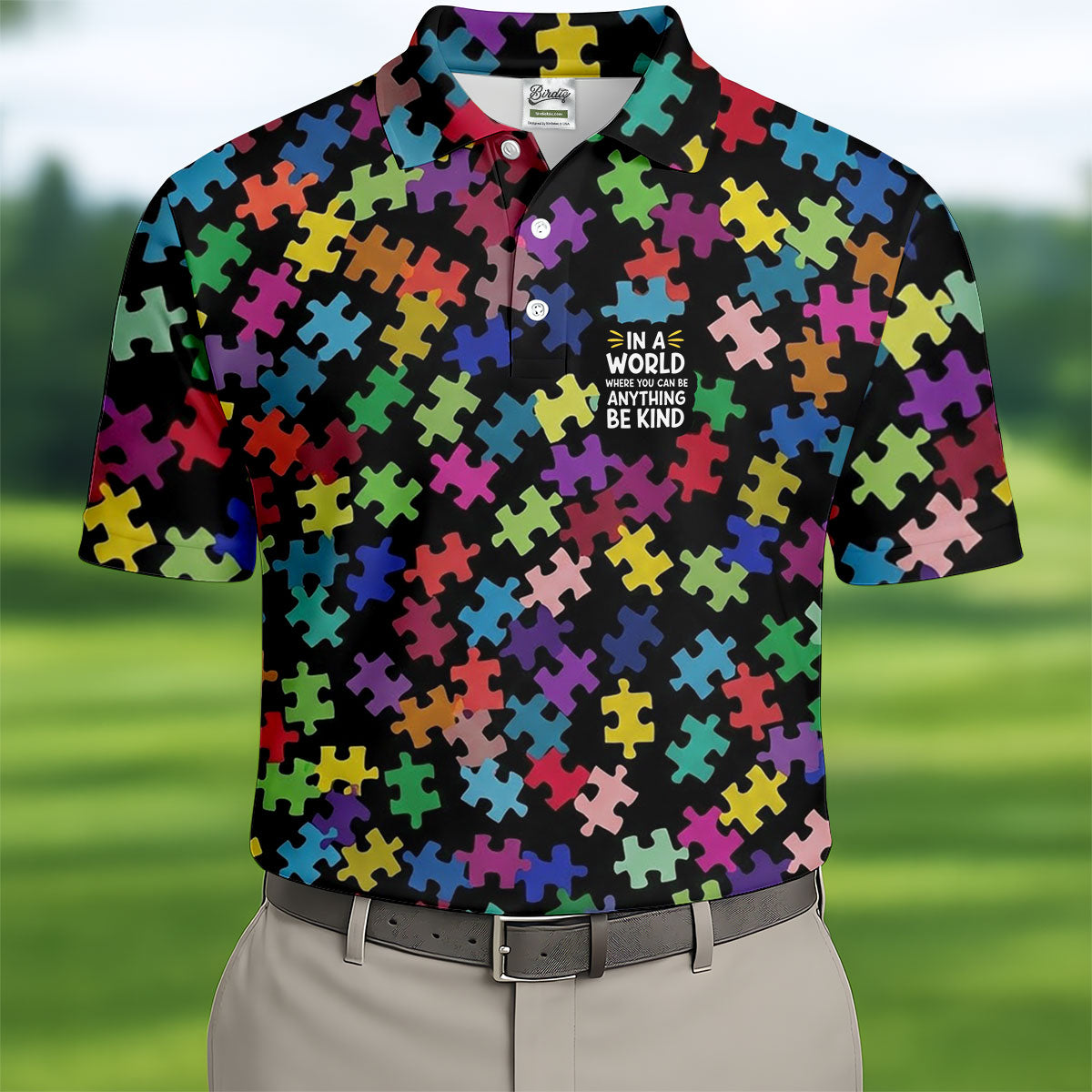 In A World Where You Can Be Anything Be Kind Autism Awareness Puzzle Pattern Men's Golf Shirt, Polo Shirts For Men