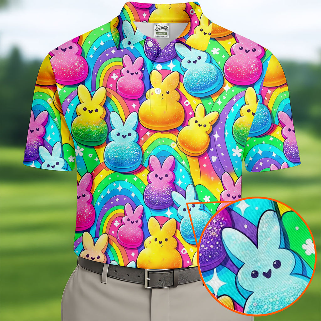 Colorful Easter Peeps Rainbow Pattern Golf Shirts For Men, Cute Golf Outfit, Polo Shirts For Men
