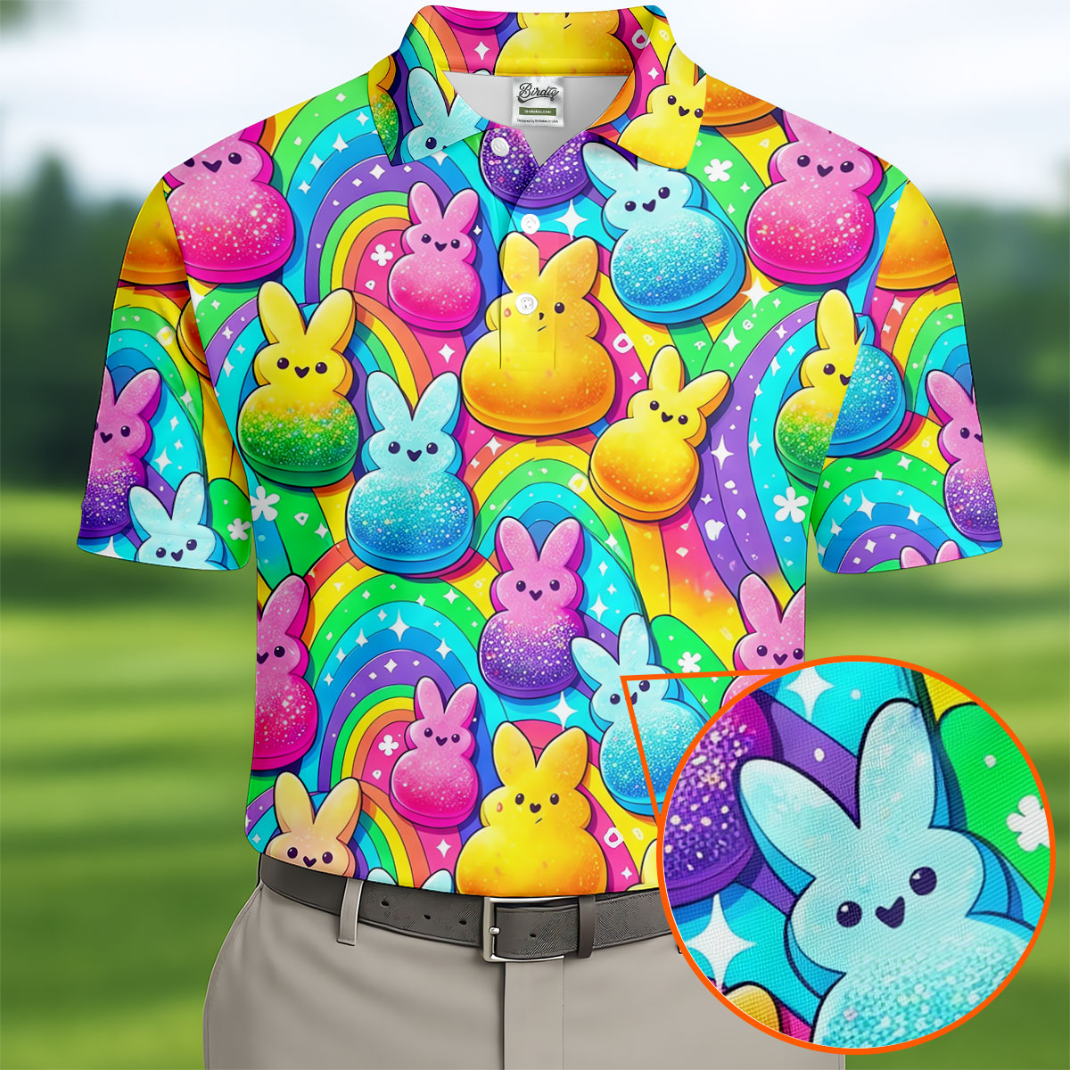 Colorful Easter Peeps Rainbow Pattern Golf Shirts For Men, Cute Golf Outfit, Polo Shirts For Men