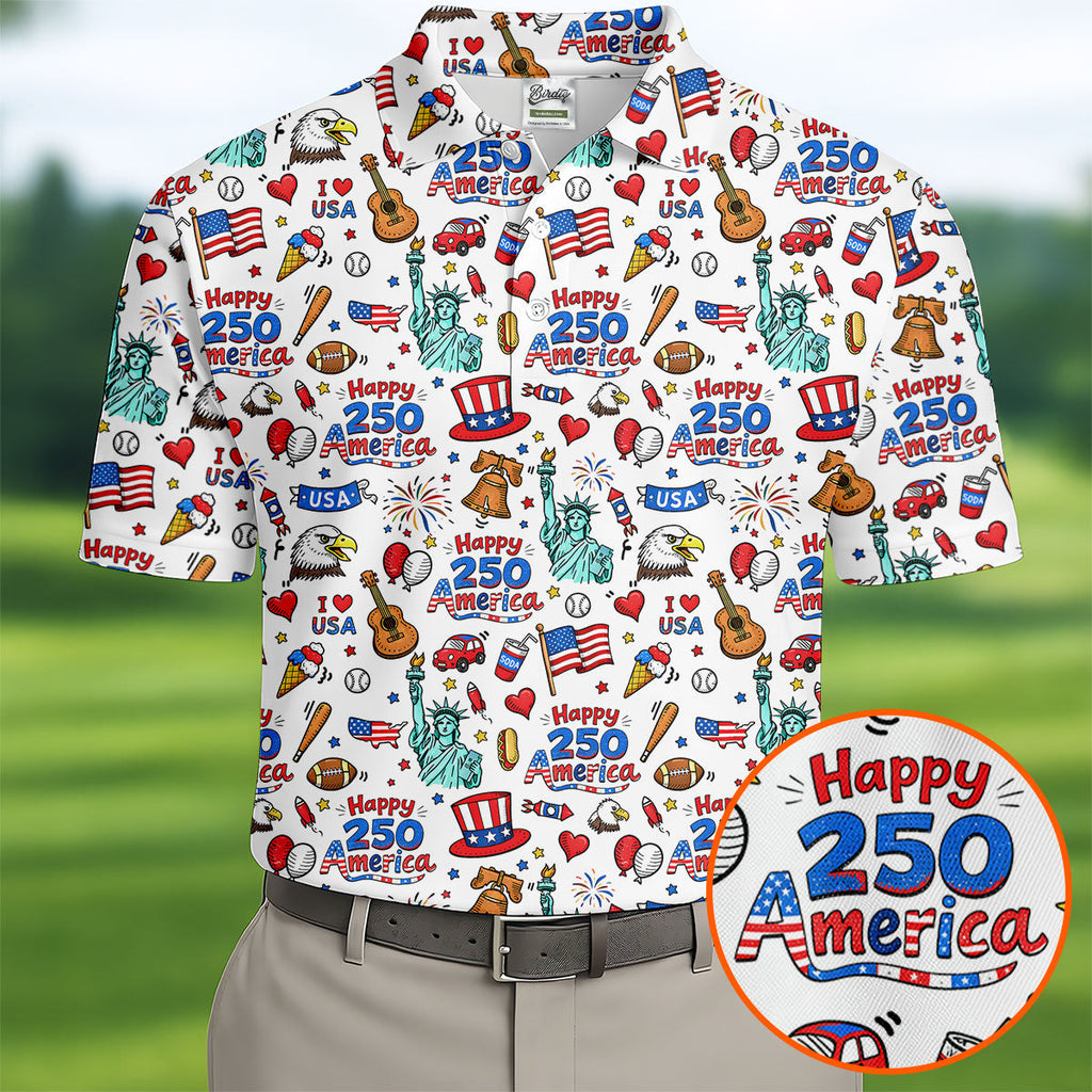 Happy 250 America Independence Celebration White Golf Shirt, Patriotic 4th Of July Golf Shirts For Men