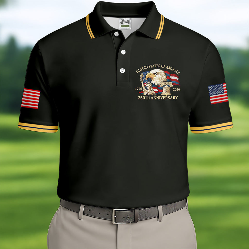 Bald Eagle American Flag 250 Years Black Golf Shirt, Patriotic 4th Of July Golf Shirts For Men