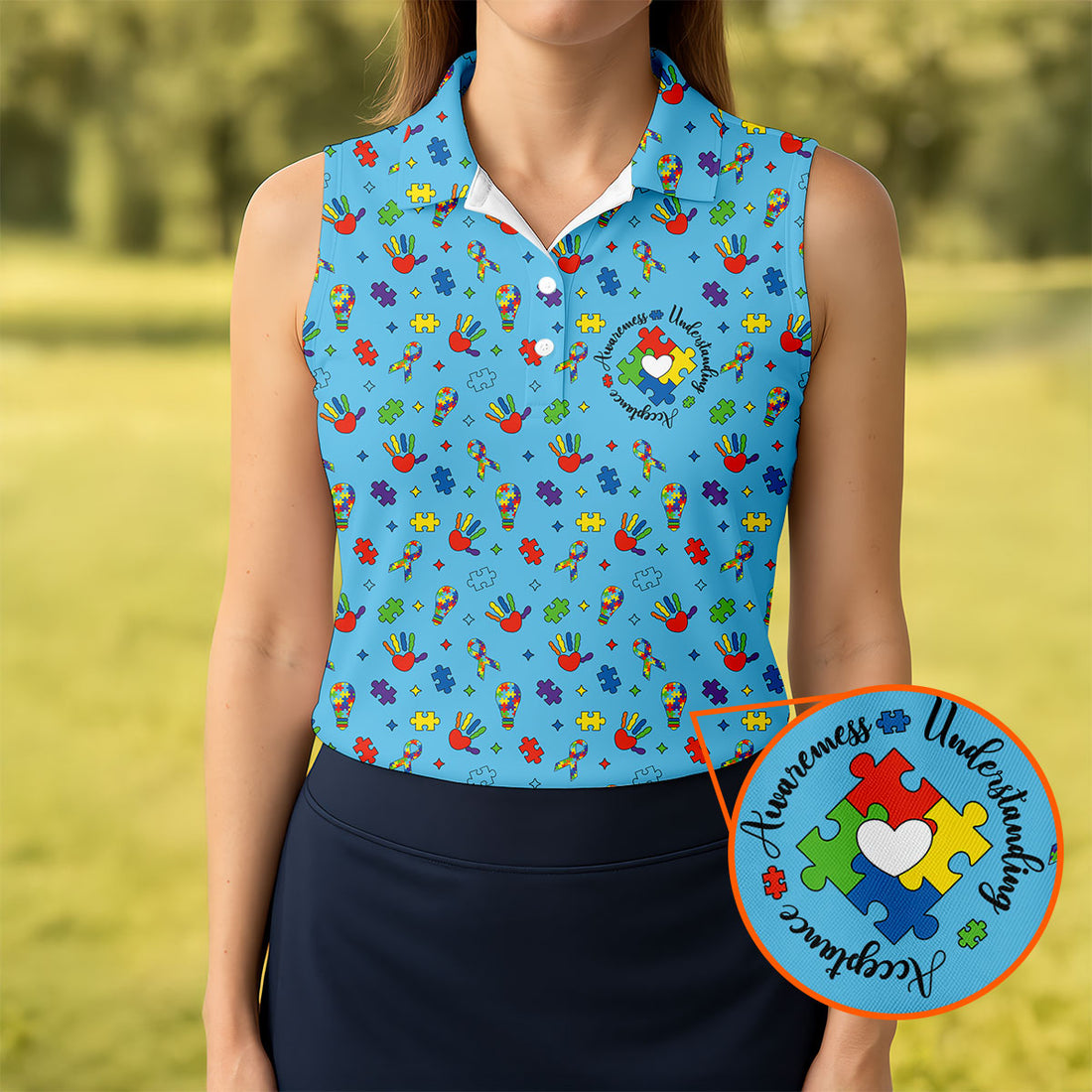 Awareness Understanding Acceptance Autism Ribbon Blue Golf Shirt, Autism Awareness Colors Women's Golf Tops