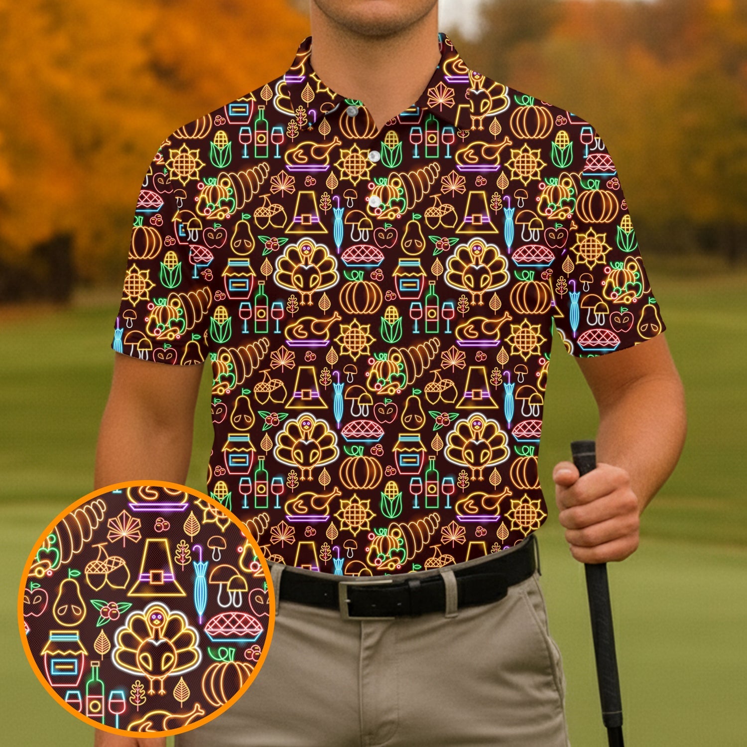 Thanksgiving Party Neon Print Golf Tops For Men, Polo Shirts For Men, Golf Gift For Men