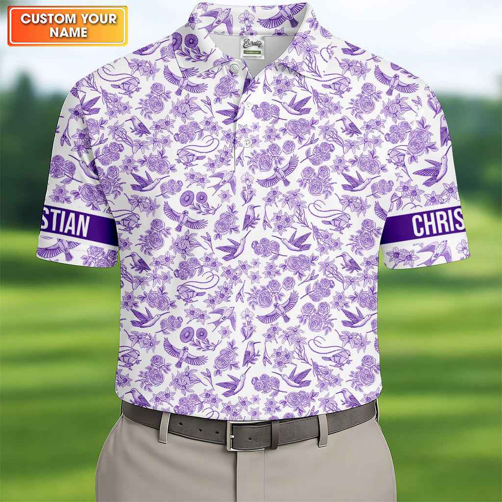 Custom Name Toile de Jouy Birds And Flowers Purple And White Polo Shirts For Men, Golf Gift For Men