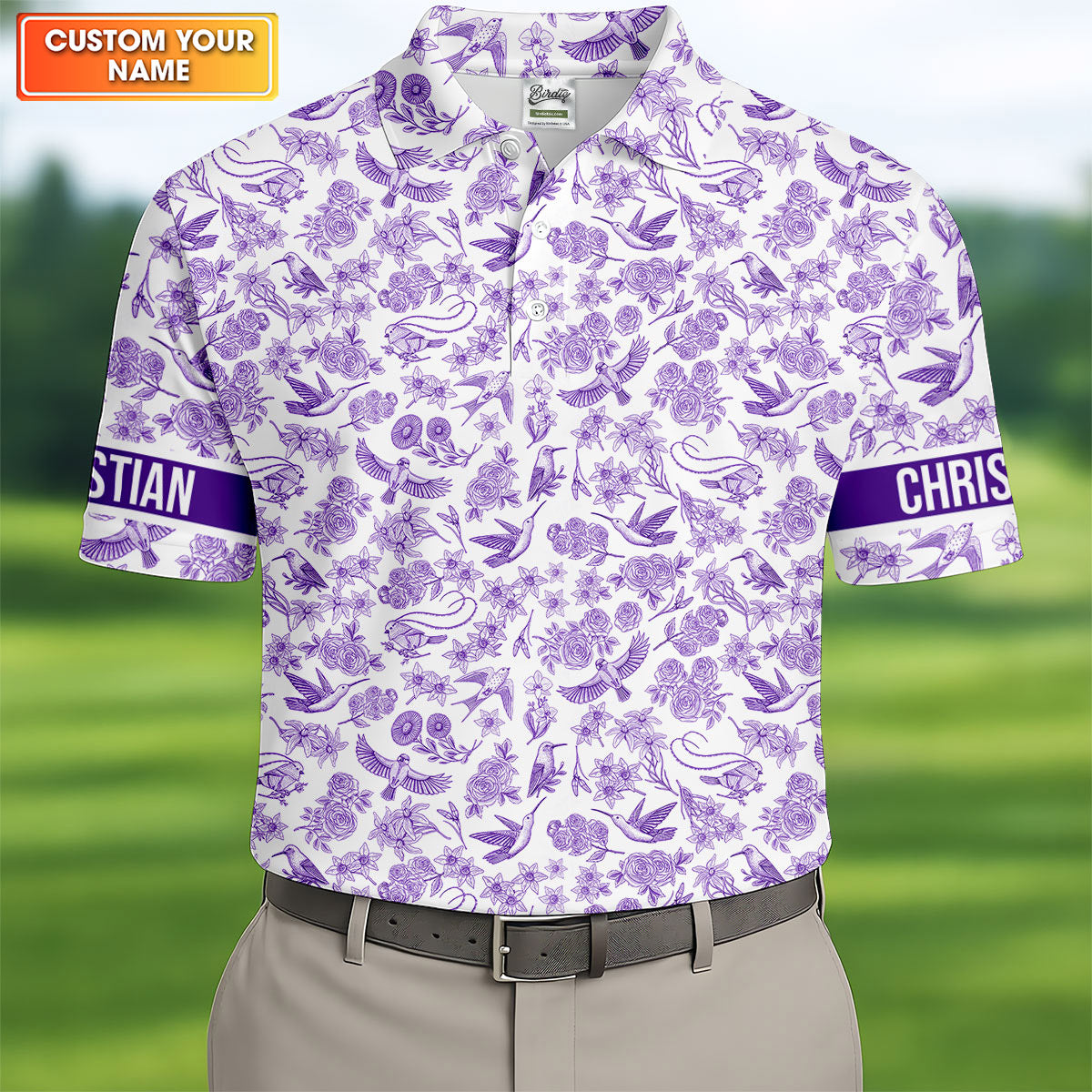Custom Name Toile de Jouy Birds And Flowers Purple And White Polo Shirts For Men, Golf Gift For Men