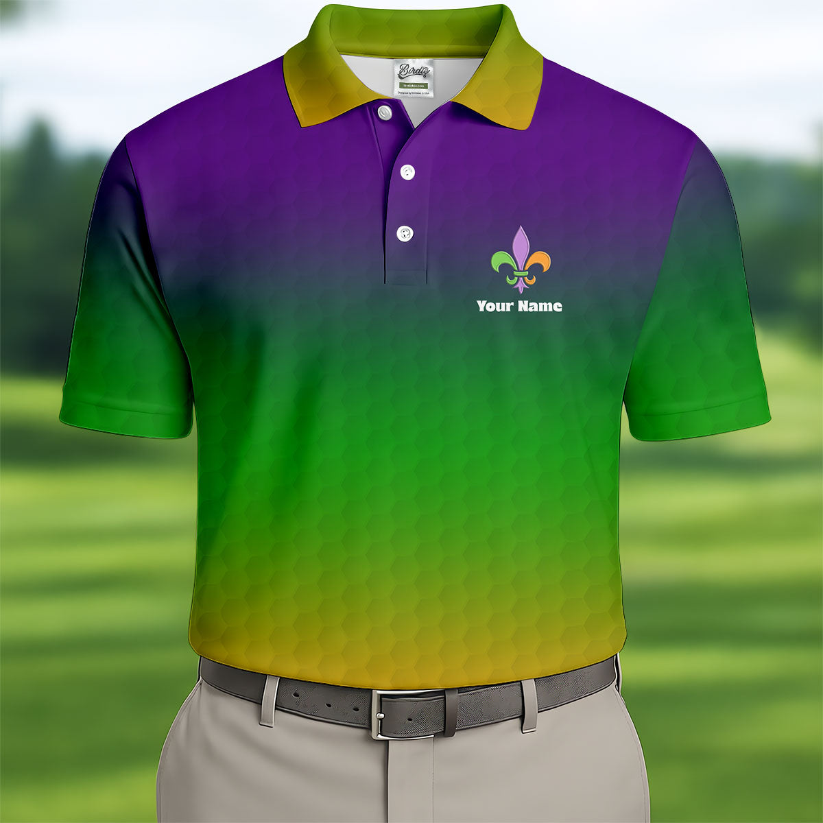 Mardi Gras Purple Gold Green Blended Color Golf Ball Pattern Golf Tops For Men, Polo Shirts For Men