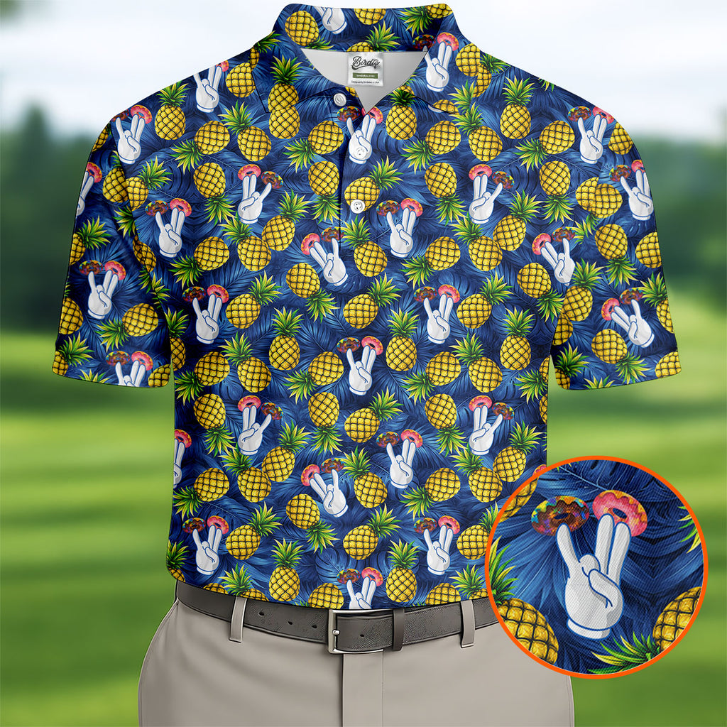 Hawaiian Pineapples Donut Finger Blue Green Yellow Fun Golf Shirts For Men, Polo Shirts For Men