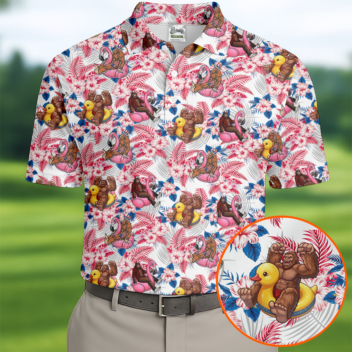 Funny Bigfoot Pool Party Hawaiian Golf Shirt, Red White Blue Tropical Flamingo Golf Shirts For Men