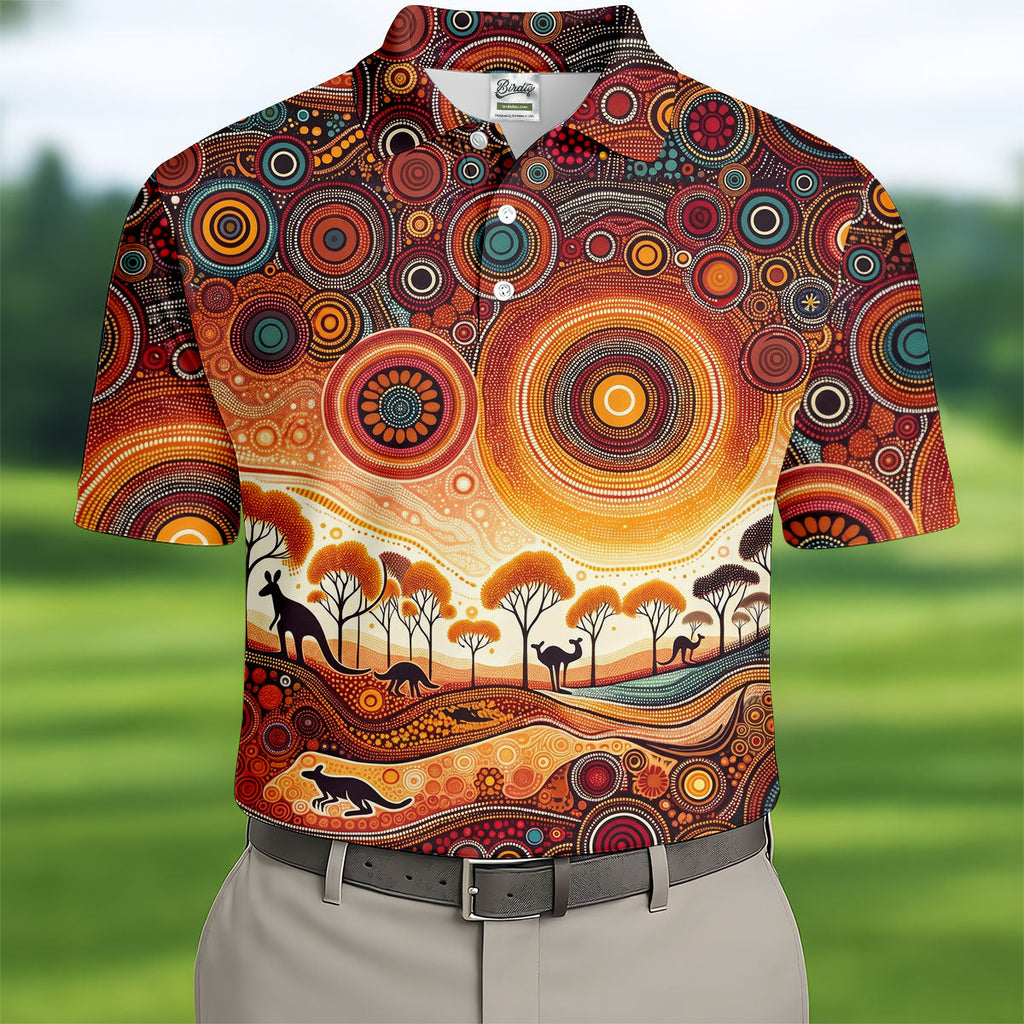 Australian Aboriginal Colourful Art Golf Tops For Men, Australia Kangaroo Polo Shirts For Men