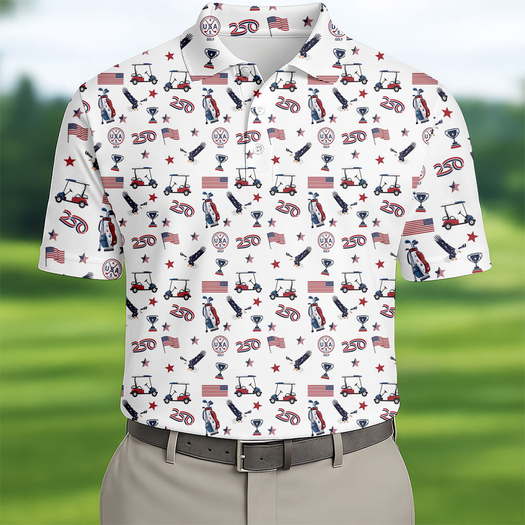 250 Years Golf Pattern Patriotic Golf Shirt, Golf Tops For Men, 4th Of July Golf Shirts For Men