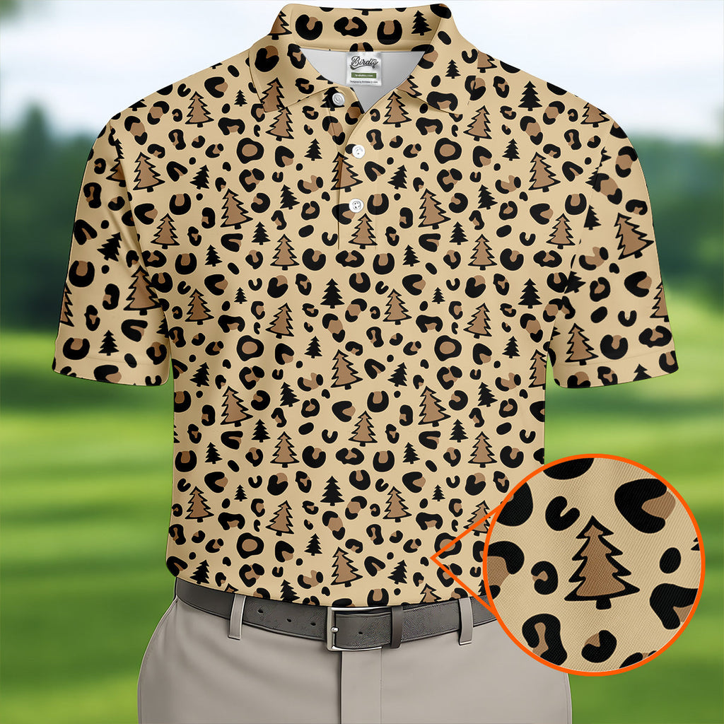 Xmas Pine Tree Leopard Pattern Brown Golf Shirt, Christmas Golf Shirt, Cute Golf Outfit, Polo Shirts For Men