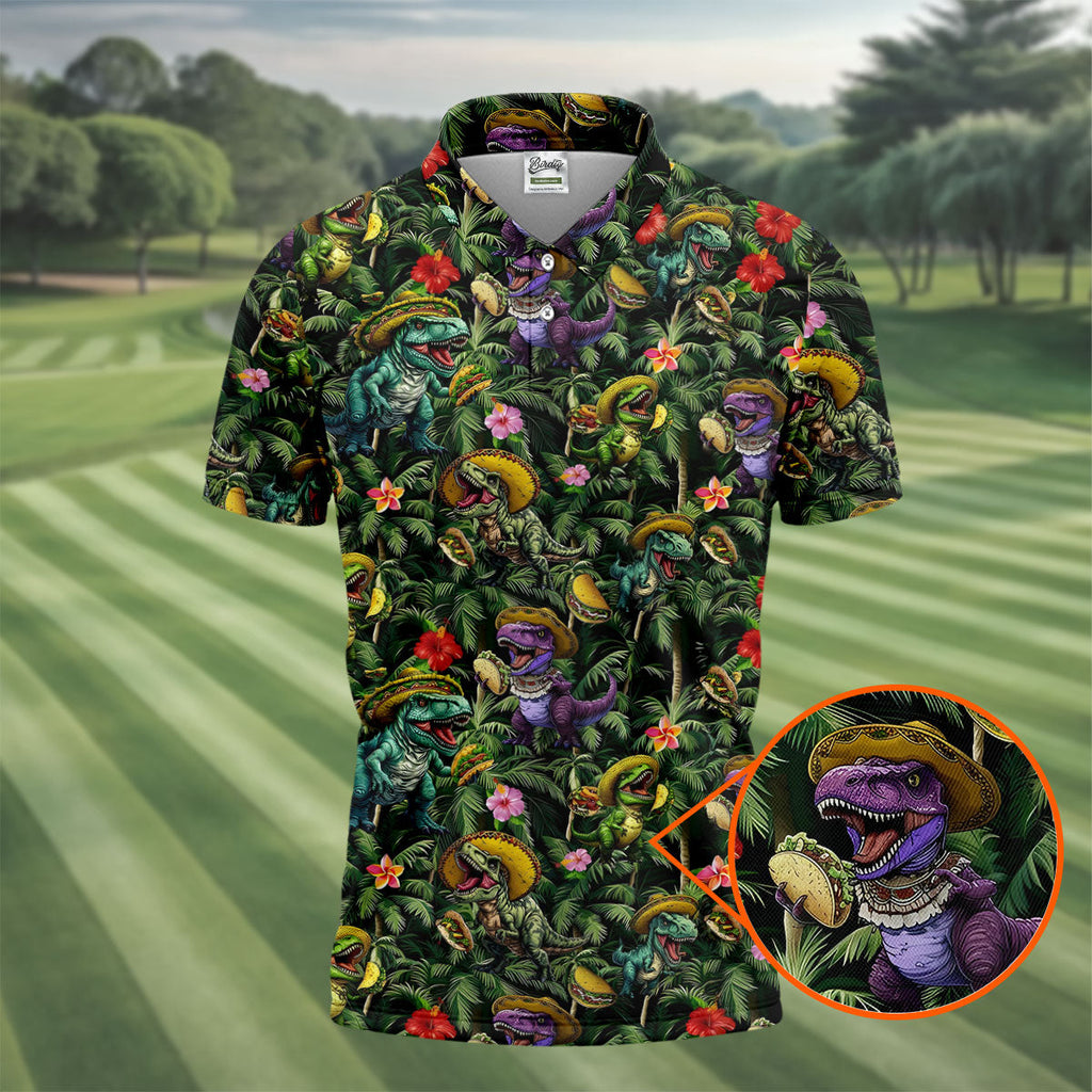 Hawaiian Dinosaur Sombreros Tacos Fun Golf Shirt, Cinco De Mayo Celebration Golf Shirts For Men