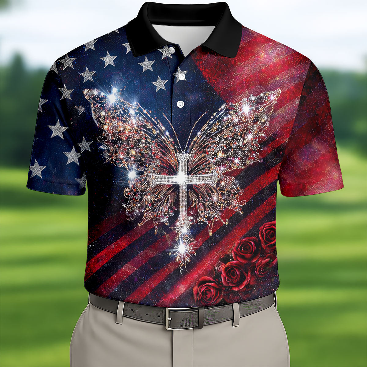Vintage Faith Rhinestone Butterfly American Flag Golf Shirt, 250 Years Patriotic 4th Of July Golf Shirts For Men