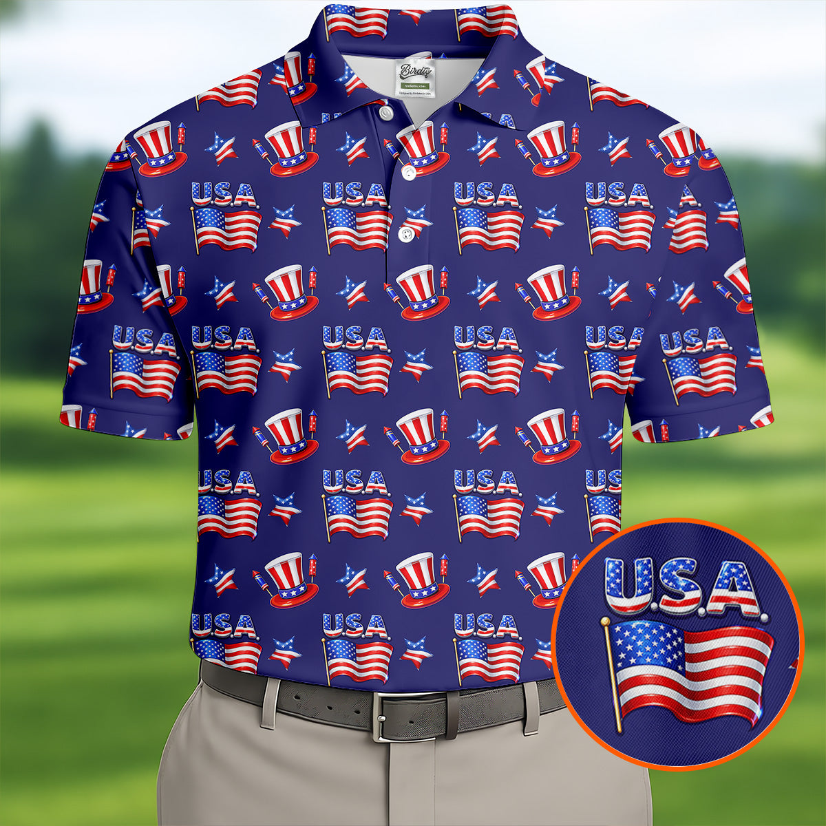 Waving Flags Uncle Sam Hats Seamless Pattern 250th Anniversary Golf Shirts For Men, Patriotic Golf Shirt