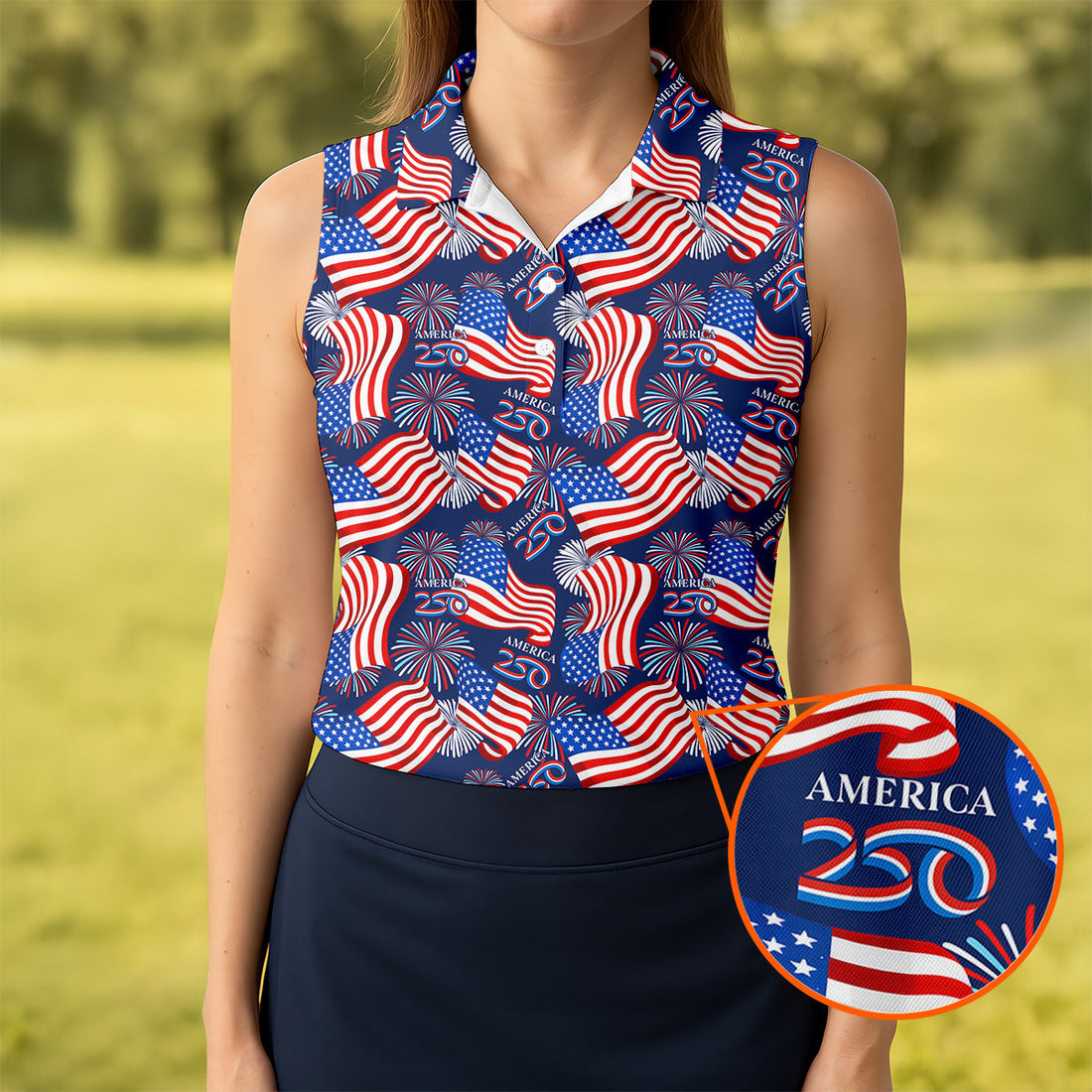 America 250 Anniversary Patriot Flag Navy Golf Shirt, Women's Golf Tops, Ladies Golf Shirt