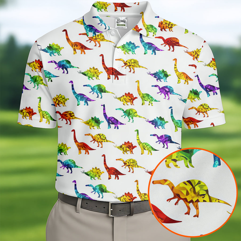 Colorful Dinosaur White Golf Shirt, Golf Tops For Men, Golf Shirts For Men, Polo Shirts For Men
