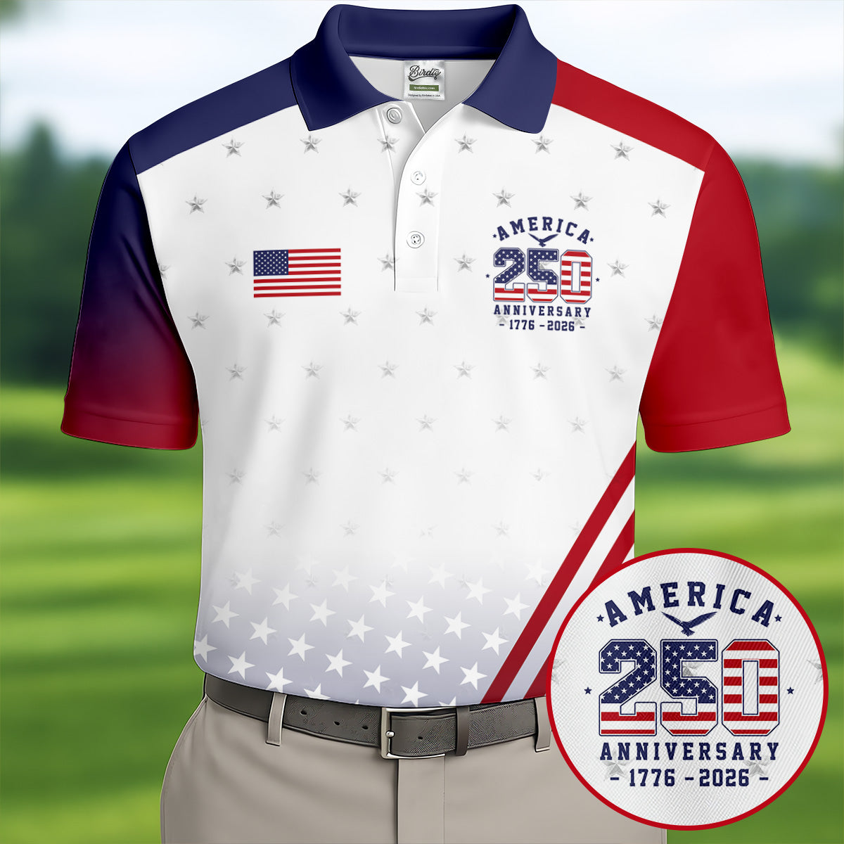 America 250 Anniversary 1776-2026 Flag Logo Golf Shirts For Men, Patriotic 4th Of July Golf Shirt