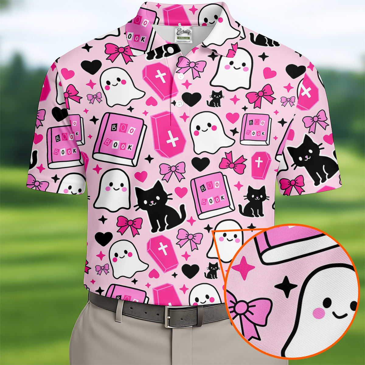 Halloween Boo And Cat Coquette Pink Golf Tops For Men, Fun Golf Shirts For Men, Polo ShirtFor Men