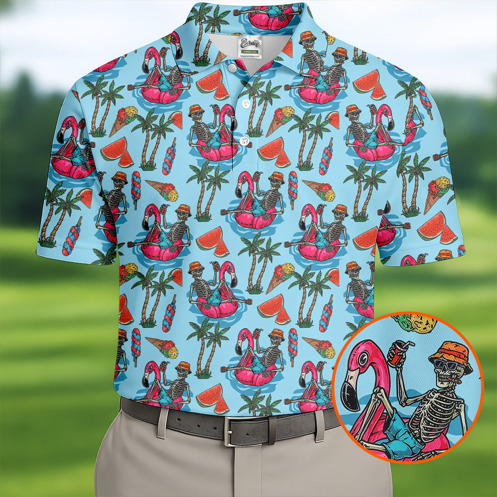 Skeleton Flamingo Summer Vibe Retro Golf Shirt, Men's Funny Golf Shirts, Polo Shirts For Men, Golf Shirts For Men