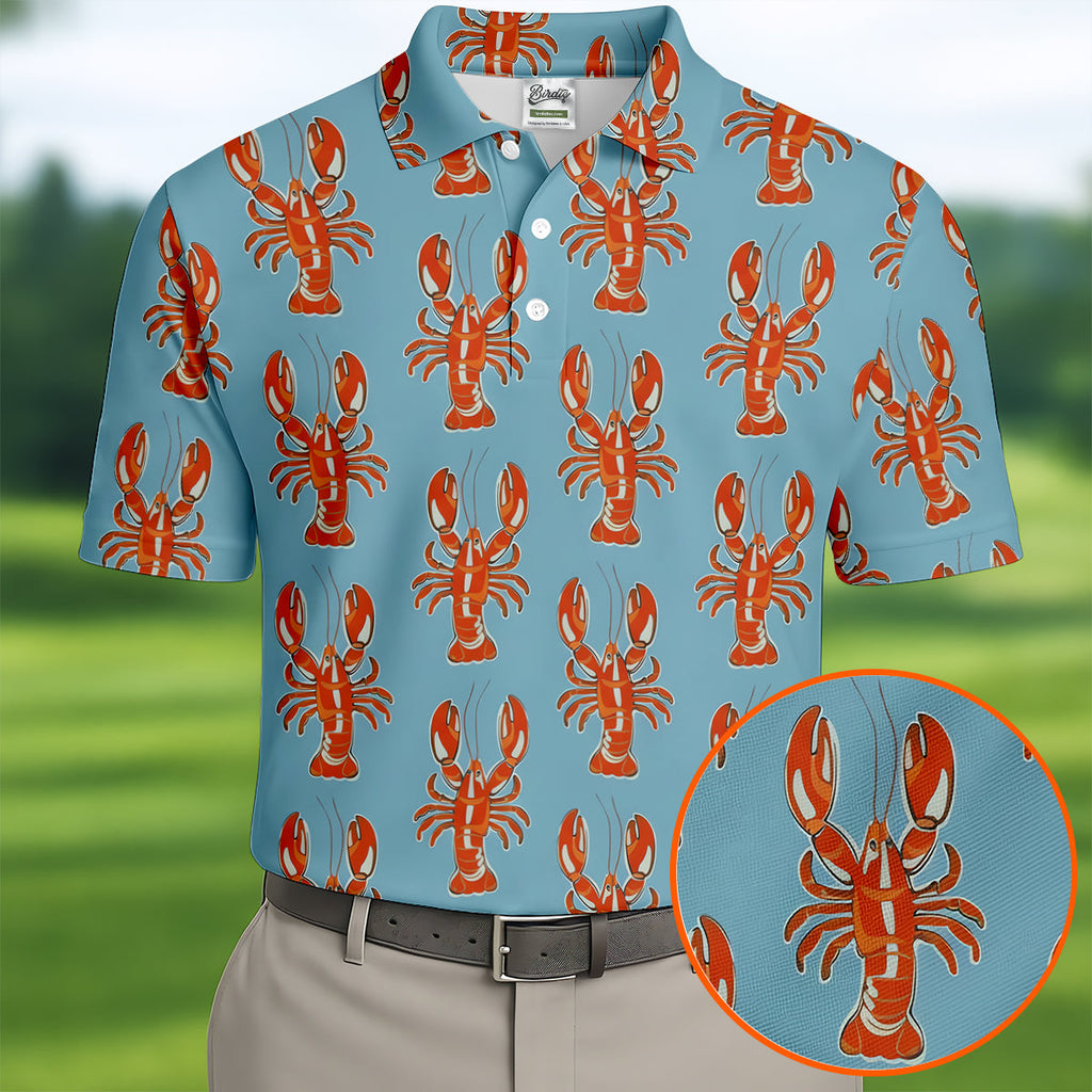 Orange Lobsters Light Blue Mardi Gras Golf Shirt, Golf Tops For Men, Polo Shirts For Men, Golf Shirts For Men