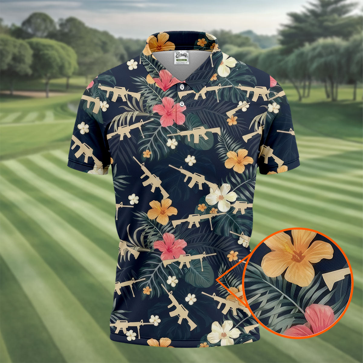Colorful Hibiscus With Army Theme Golf Shirts For Men, Polo Shirts For Men, Golfing Apparel