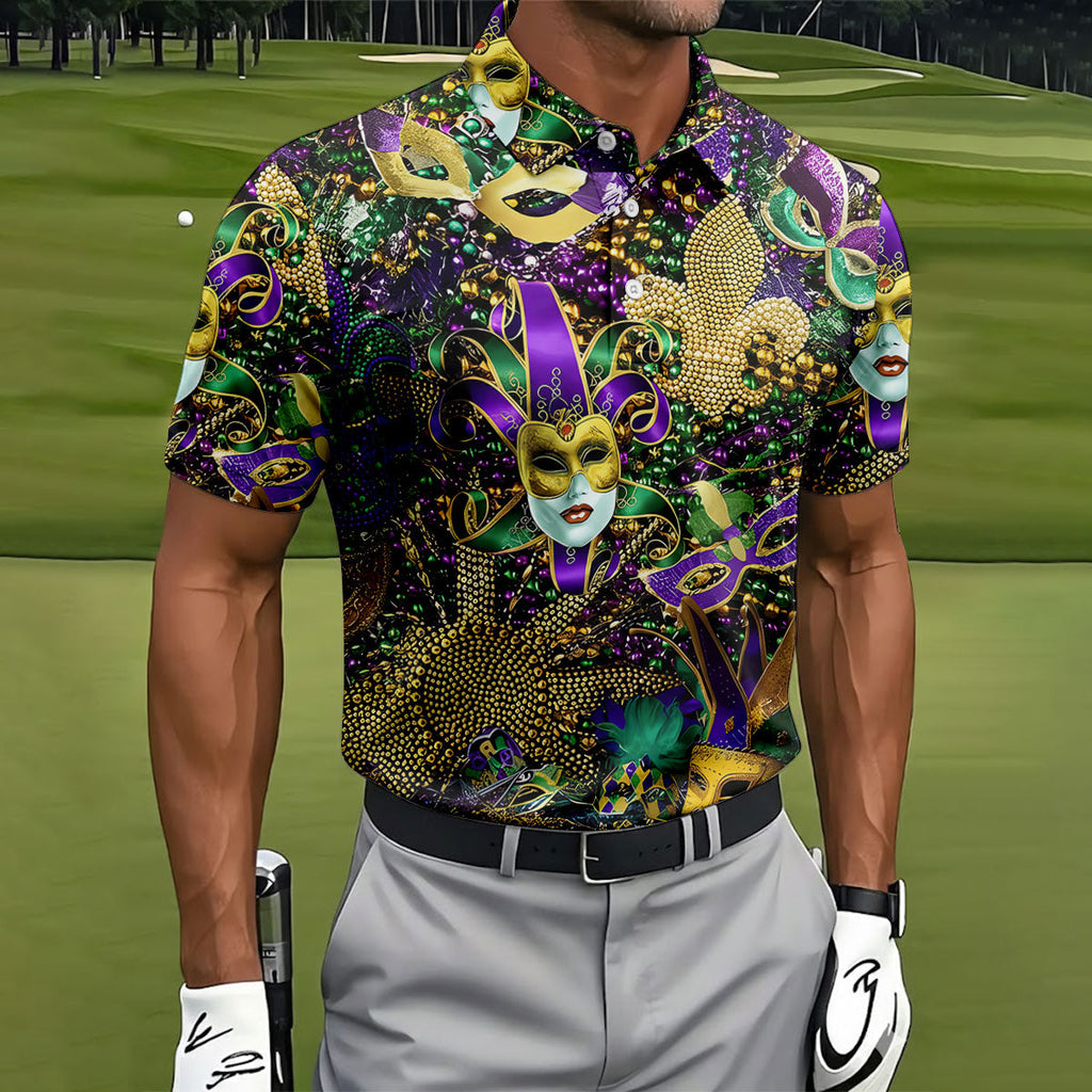 Jester Mask Purple Green Gold Fleur De Lis Beads Mardi Gras Golf Shirt, Golf Shirts For Men, Polo Shirts For Men