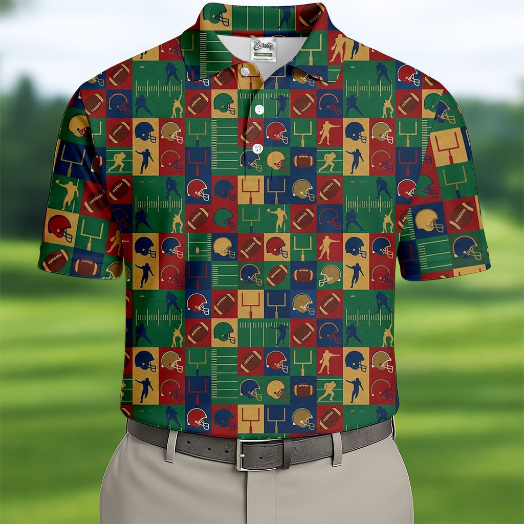 Football Pattern Square Grid Sport Polo, American Football Shirt, Game Day Football Theme Polo For Men