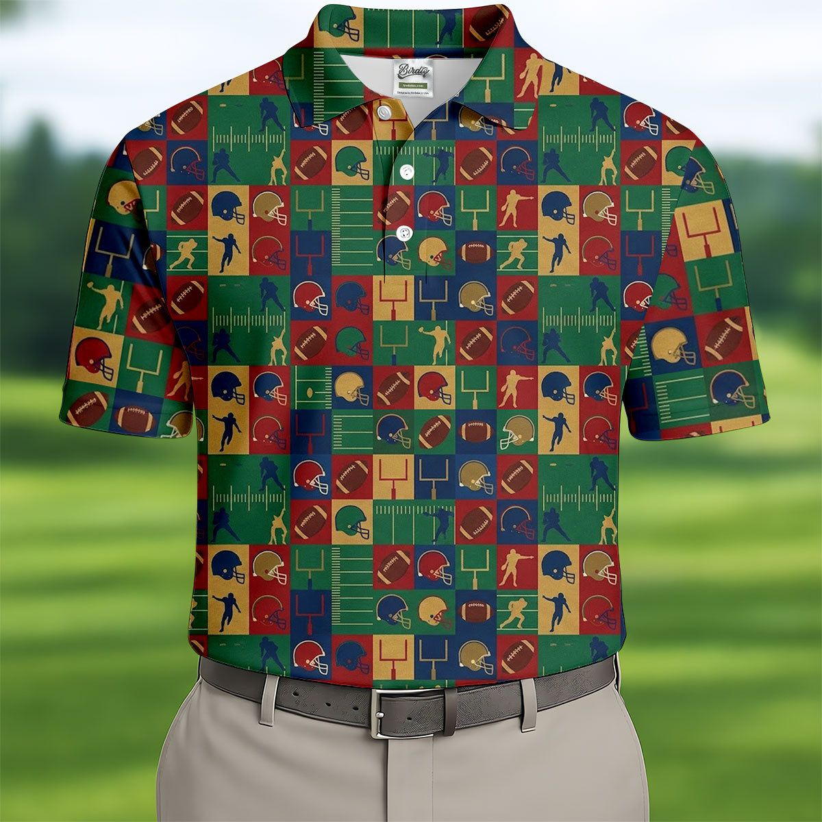 Football Pattern Square Grid Sport Polo, American Football Shirt, Game Day Football Theme Polo For Men