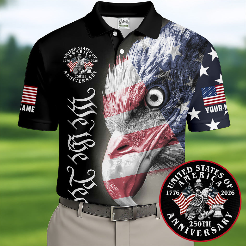 We The People Patriotic Bald Eagle 250 Years American Flag Golf Shirt, 250 Years 4th Of July Golf Shirts For Men
