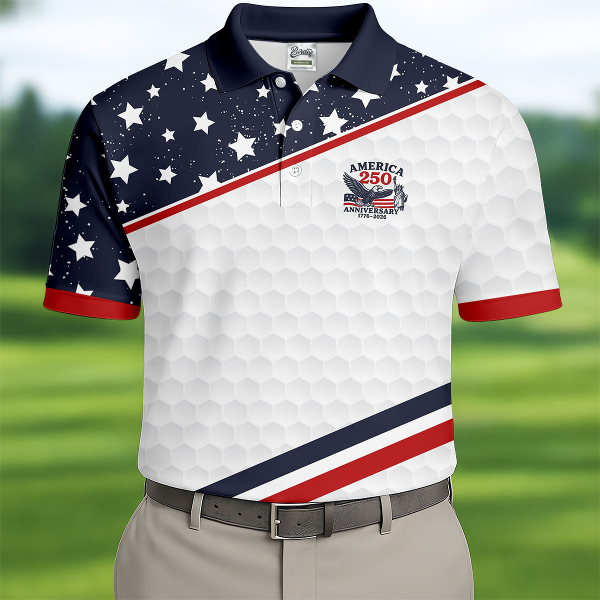 America 250 Anniversary Golf Ball Pattern Retro Golf Shirt, Patriotic 4th Of July Golf Shirts For Men