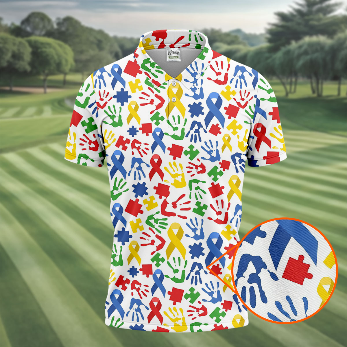 Autism Ribbon Colorful Puzzle Pieces Handprints Golf Tops For Men, Polo Shirts For Men, Golf Shirts For Men