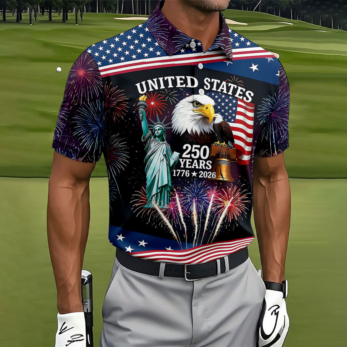 250 Years American Symbols US Flag Golf Shirt, Patriotic 4th Of July Golf Shirts For Men