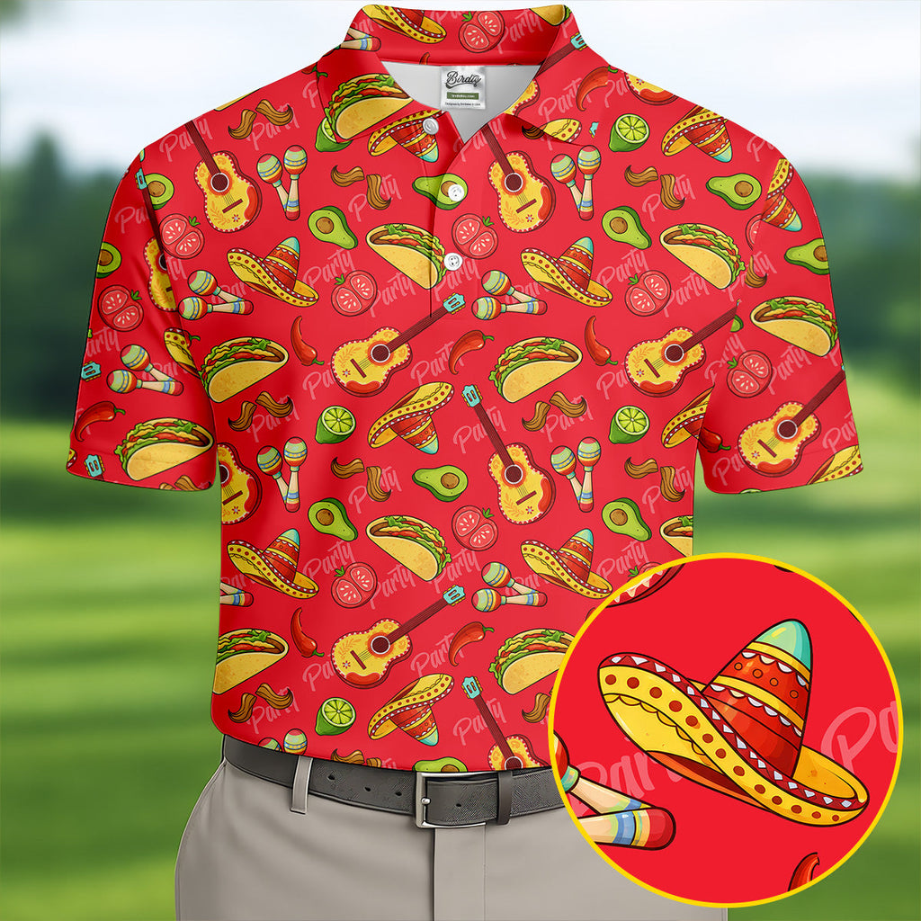 Mexican Party Seamless Pattern Red Golf Tops For Men, Cinco De Mayo Celebration Golf Shirts For Men