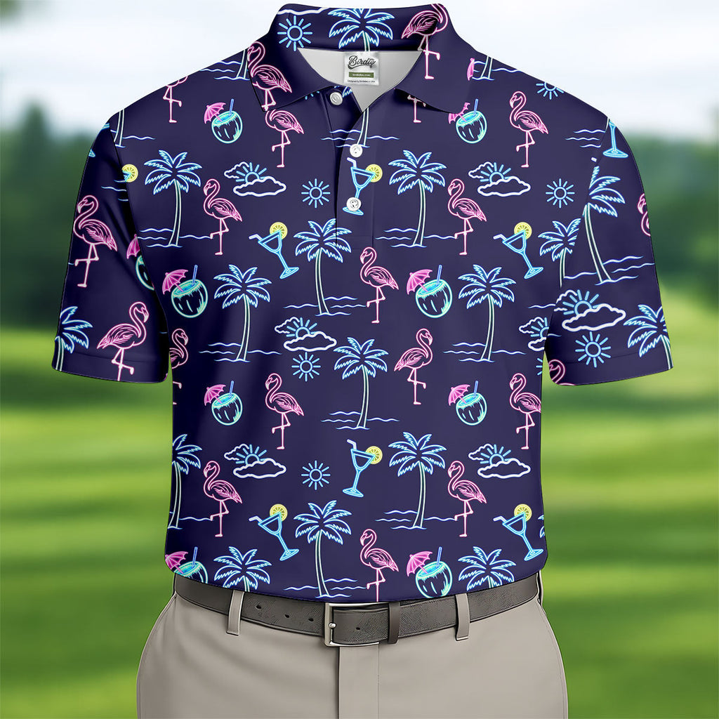 Neon Line Tropical Flamingo Hawaiian Golf Shirt, Polo Shirts For Men, Golfing Apparel
