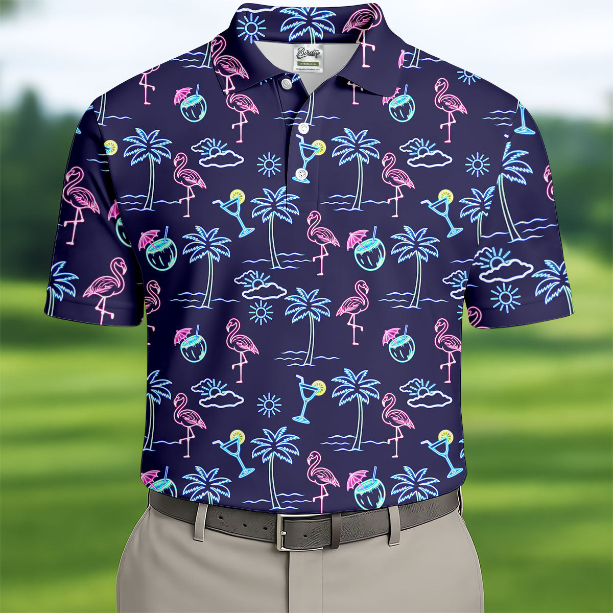 Neon Line Tropical Flamingo Hawaiian Golf Shirt, Polo Shirts For Men, Golfing Apparel