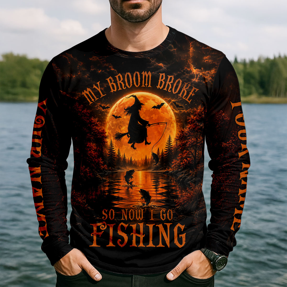 My Broom Broke So Now I Go Fishing UPF Shirt, Mens Fishing Shirt, Halloween Fishing Shirt