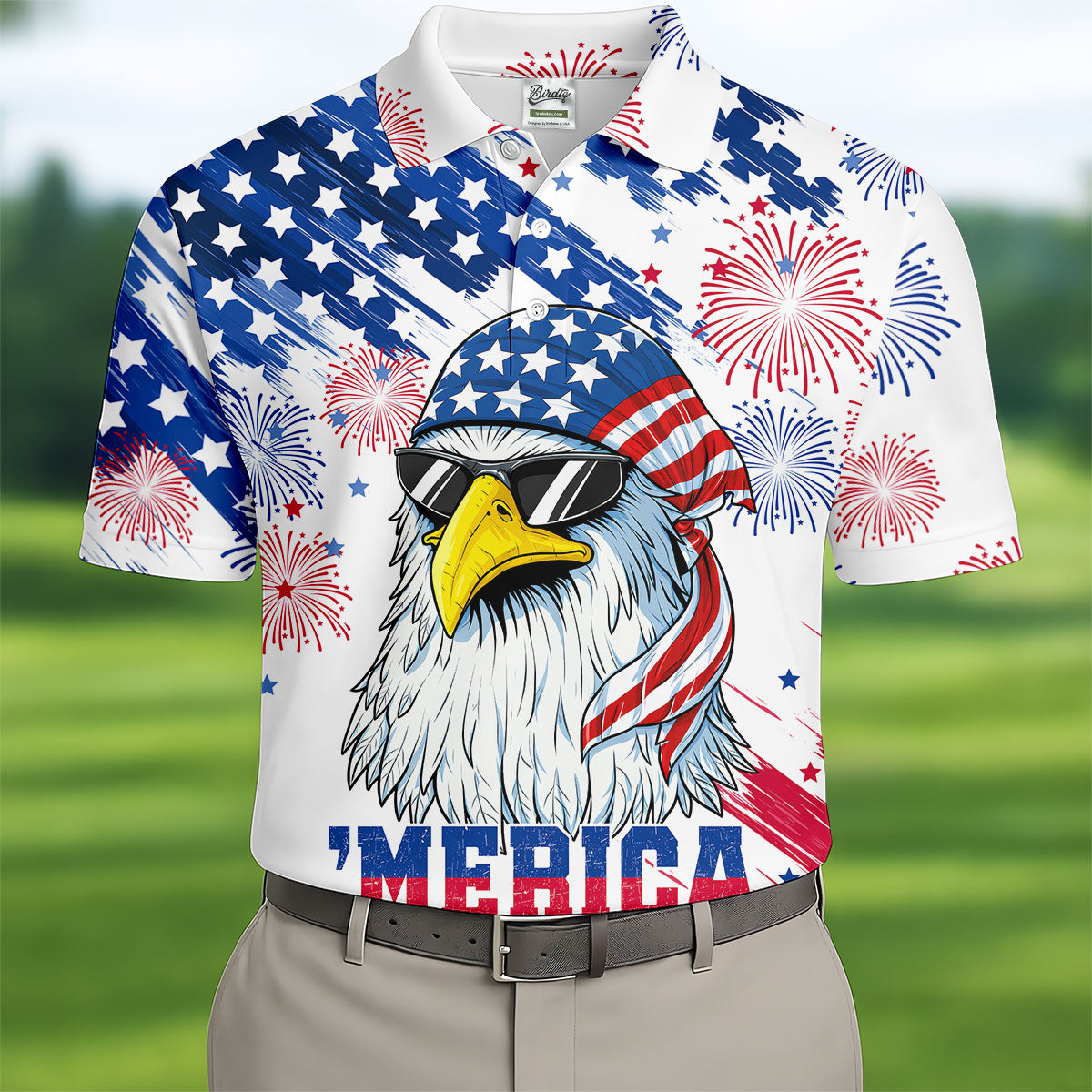 Cool Bald Eagle 4th Of July American Flag Pattern Golf Shirts For Men, 250th Anniversary Patriotic Golf Shirt