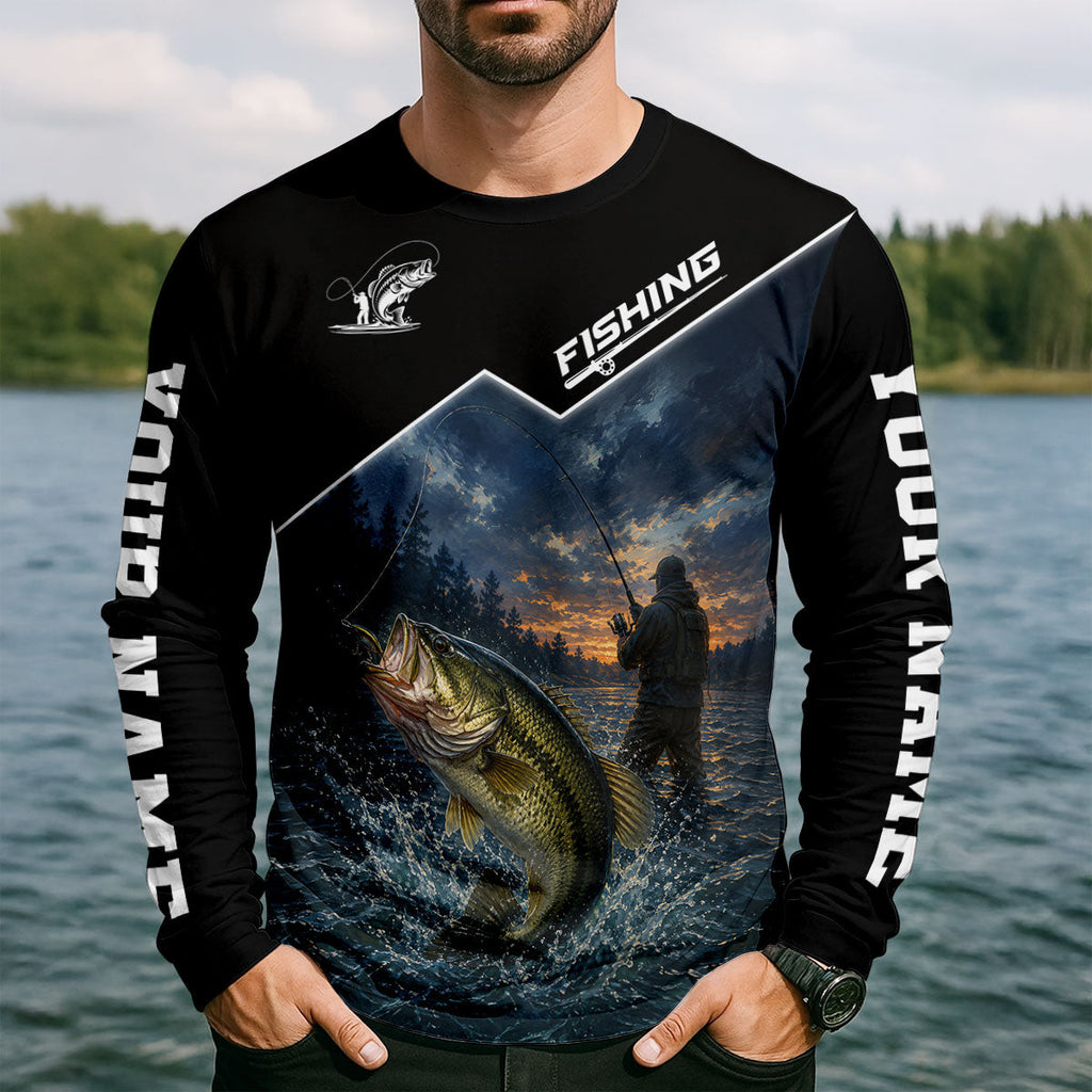 Custom Bass Fishing Lake Sunset UPF Shirt, Long Sleeve Fishing Shirt, Fishing Shirts For Men