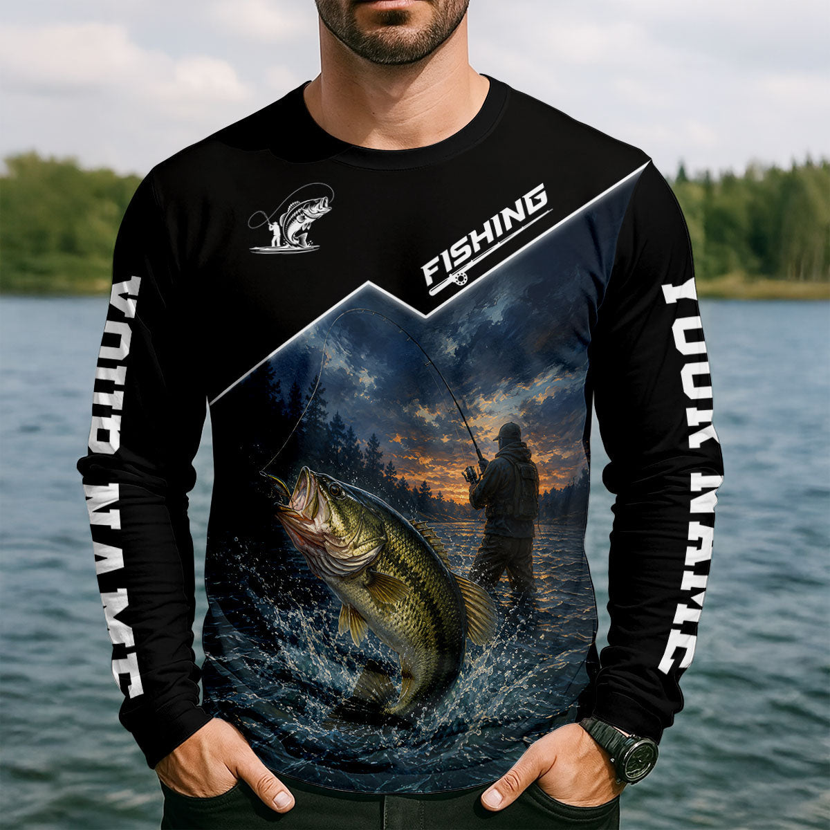 Custom Bass Fishing Lake Sunset UPF Shirt, Long Sleeve Fishing Shirt, Fishing Shirts For Men