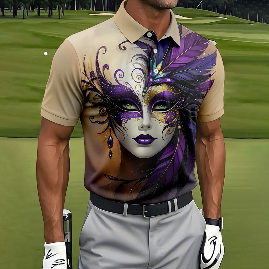 Feather Mask Mardi Gras Golf Shirt, Purple And Beige Golf Shirts For Men, Polo Shirts For Men