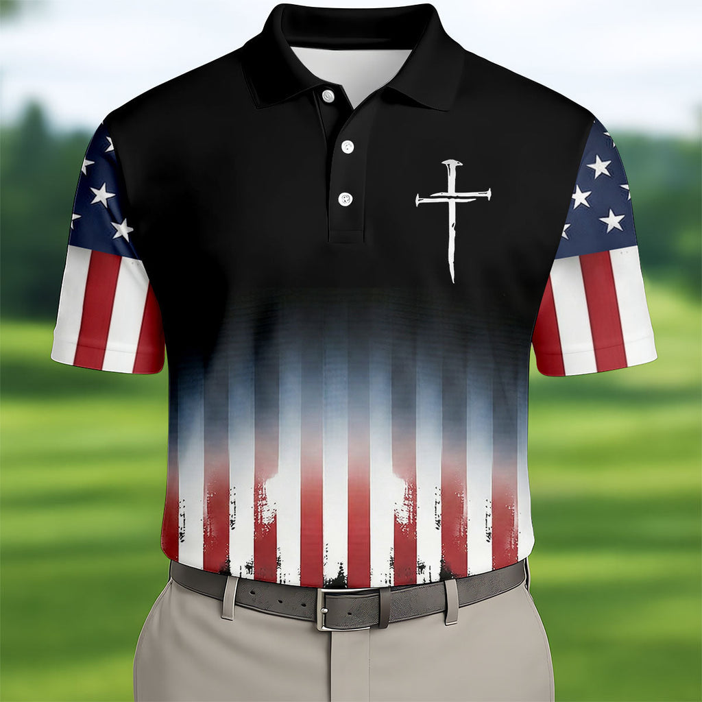 250 Years USA Anniversary 1776-2026 Men's Golf Polo Shirt, Faith Cross 4th Of July Patriotic Golf Shirt
