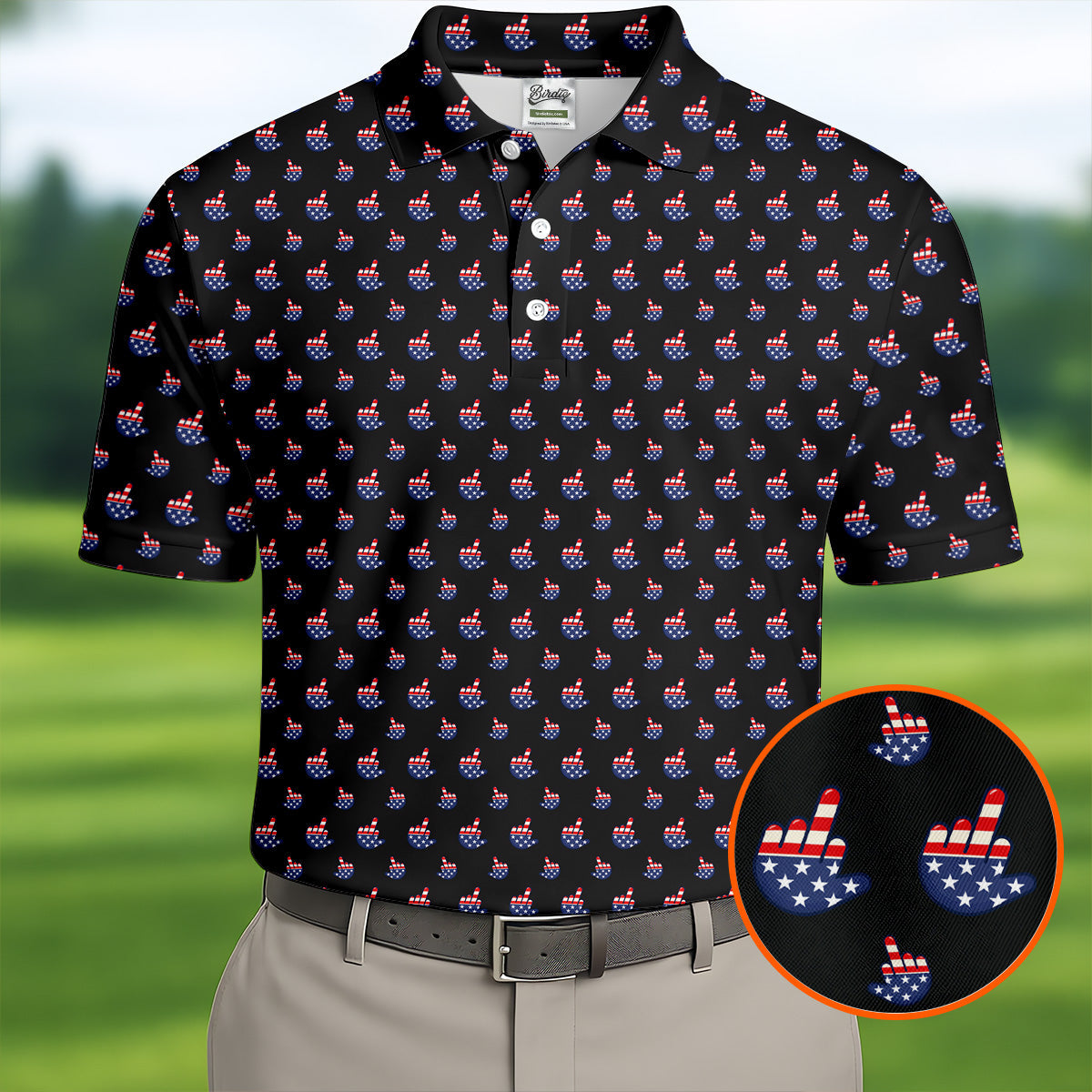 Funny Middle finger US Flag Pattern 250th Anniversary Black Golf Shirt, 4th Of July Golf Shirts For Men