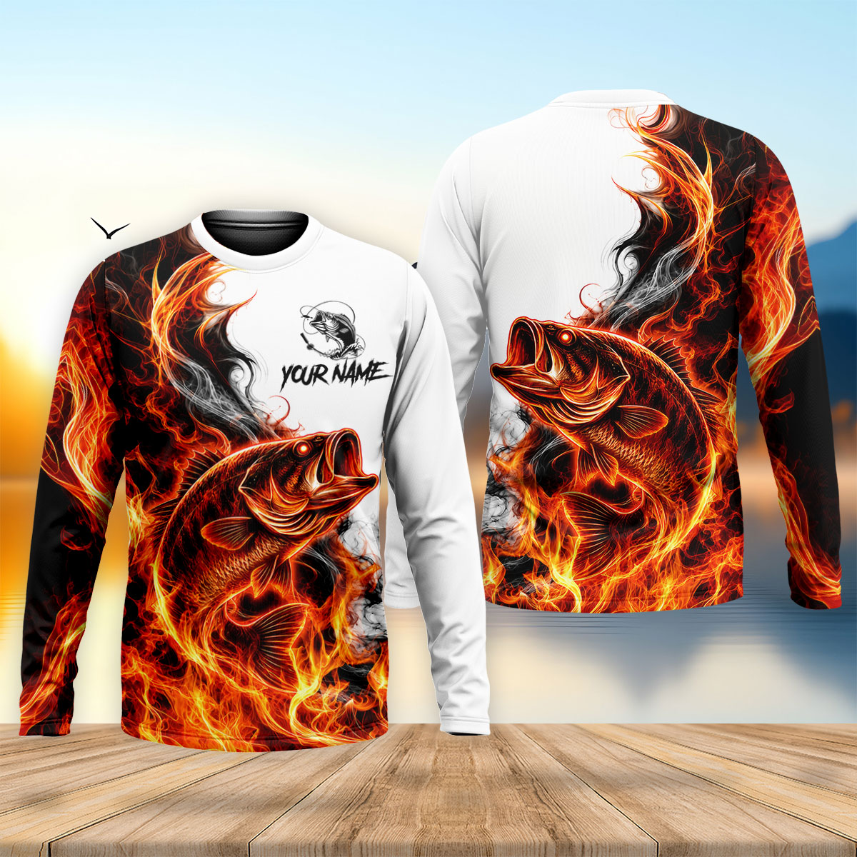 Your Name Fire Bass Fishing UPF Shirt, Fishing Shirts For Men, Long Sleeve Fishing Shirt