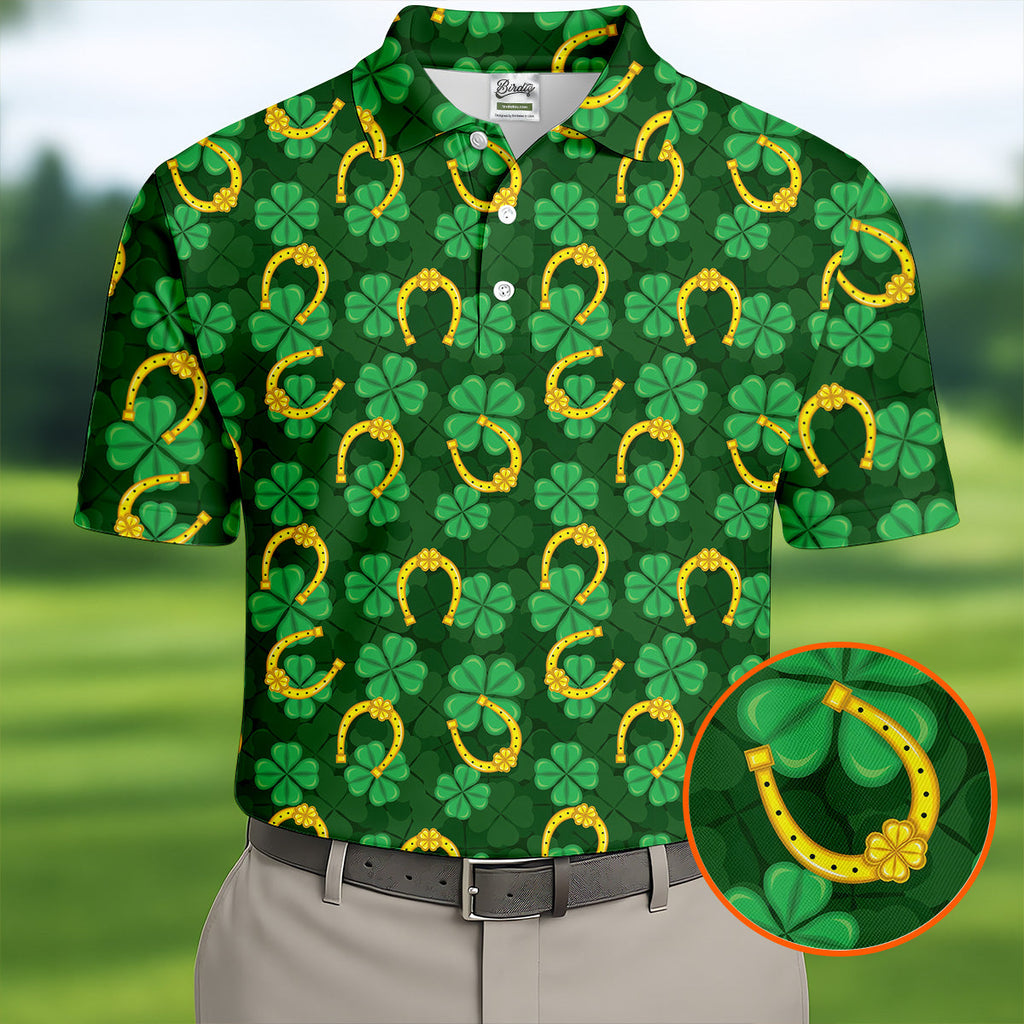 Four Leaf Clovers Golden Horseshoes St Patrick's Day Golf Shirt, Polo Shirts For Men, Golf Shirts For Men