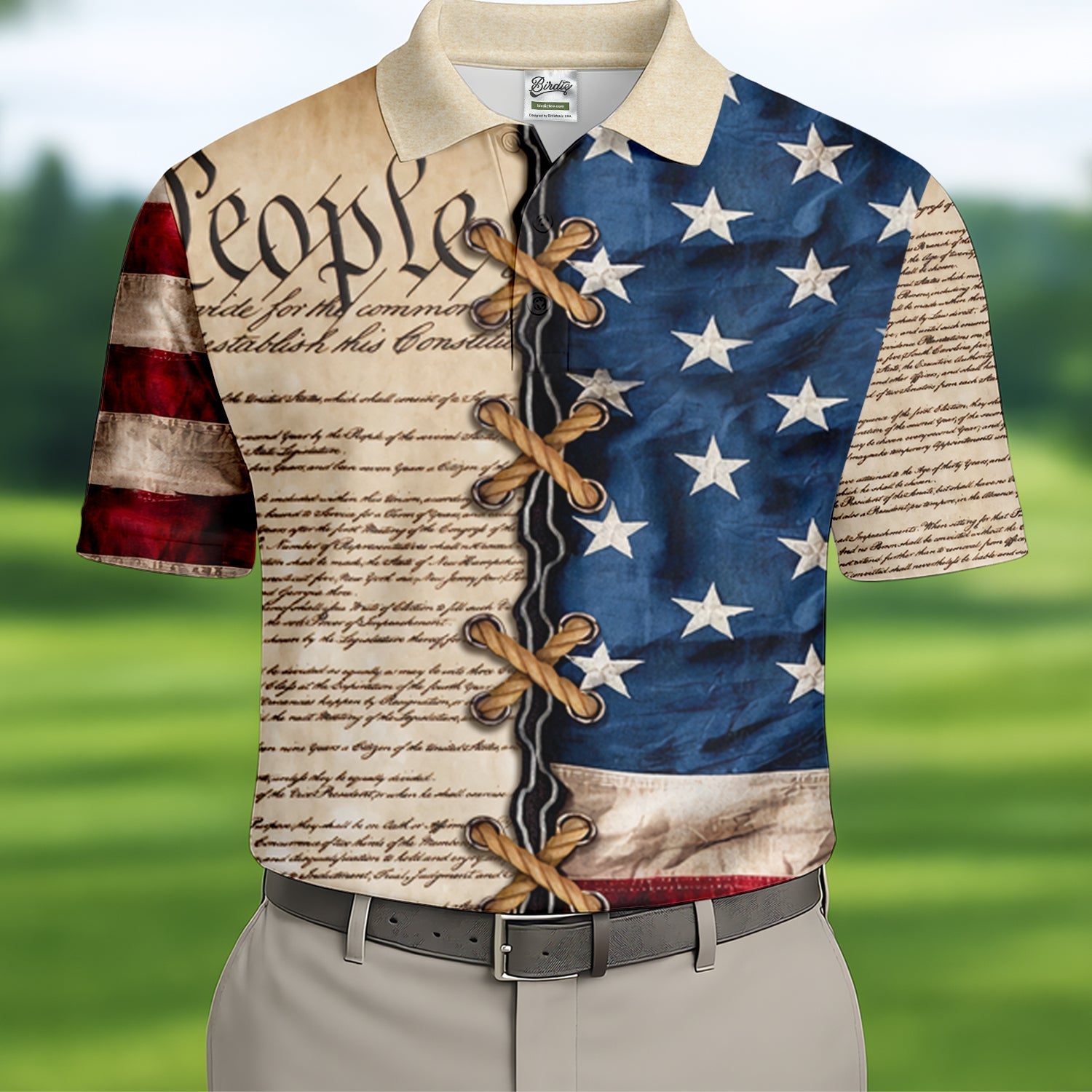 We The People Preamble Patriotic 4th Of July Beige Golf Shirt, 250th Anniversary Golf Shirts For Men