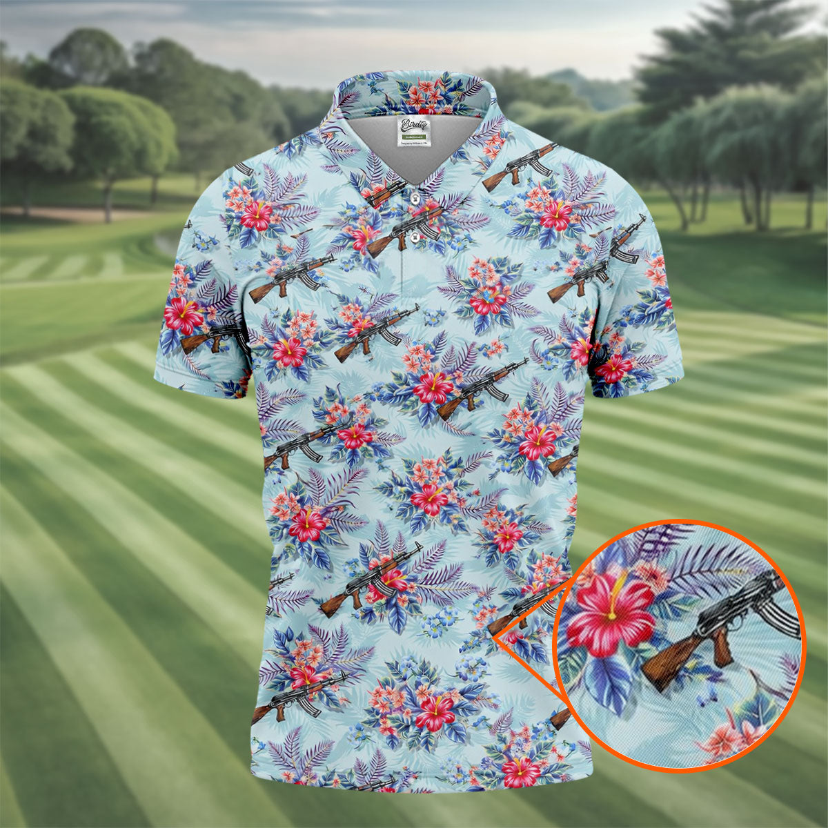 Hawaiian Floral Military Theme Light Blue Golf Shirt, Golf Shirts For Men, Polo Shirts For Men
