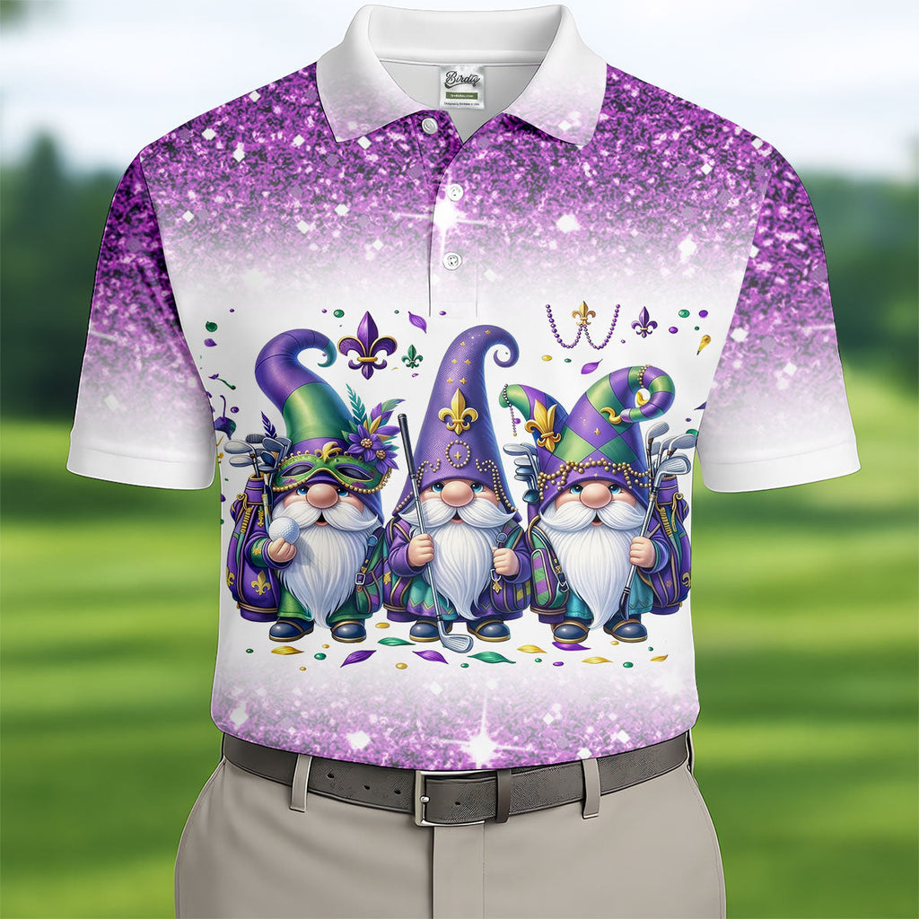 Mardi Gras Gnomes Fleur De Lis Glitter Effect Golf Tops For Men, Polo Shirts For Men, Golf Shirts For Men