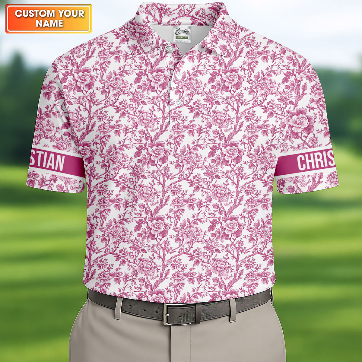 Toile De Jouy Pink Golf Shirt, Golf Tops For Men, Polo Shirts For Men, Golf Gift For Men, Golf Shirts For Men